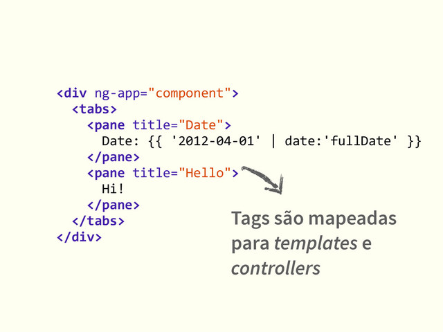 <div>	  
	  	  	  
	  	  	  	  	  
	  	  	  	  	  	  Date:	  {{	  '2012-­‐04-­‐01'	  |	  date:'fullDate'	  }}	  
	  	  	  	  	  
	  	  	  	  	  
	  	  	  	  	  	  Hi!	  
	  	  	  	  	  
	  	  	  
</div>
Tags são mapeadas
para templates e
controllers
