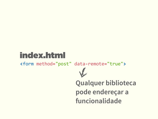
index.html
Qualquer biblioteca
pode endereçar a
funcionalidade
