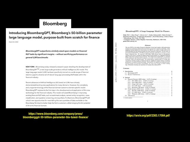 https://www.bloomberg.com/company/press/
bloomberggpt-50-billion-parameter-llm-tuned-
fi
nance/
https://arxiv.org/pdf/2303.17564.pdf
