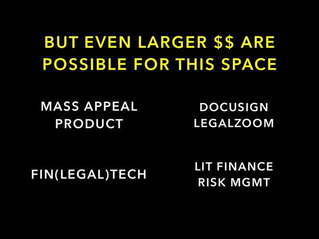 MASS APPEAL
PRODUCT
FIN(LEGAL)TECH
DOCUSIGN


LEGALZOOM
LIT FINANCE


RISK MGMT
BUT EVEN LARGER $$ ARE
POSSIBLE FOR THIS SPACE
