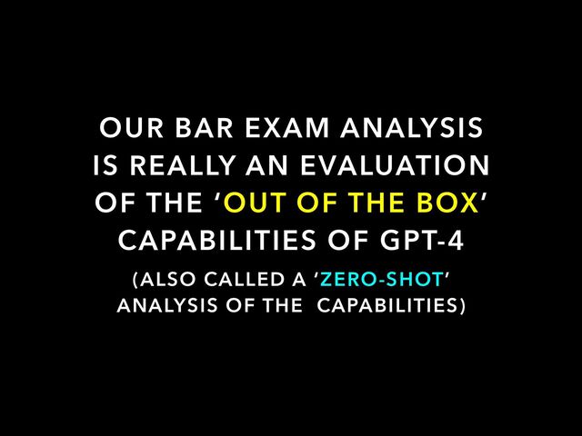 OUR BAR EXAM ANALYSIS
IS REALLY AN EVALUATION
OF THE ‘OUT OF THE BOX’
CAPABILITIES OF GPT-4
(ALSO CALLED A ‘ZERO-SHOT’
ANALYSIS OF THE CAPABILITIES)
