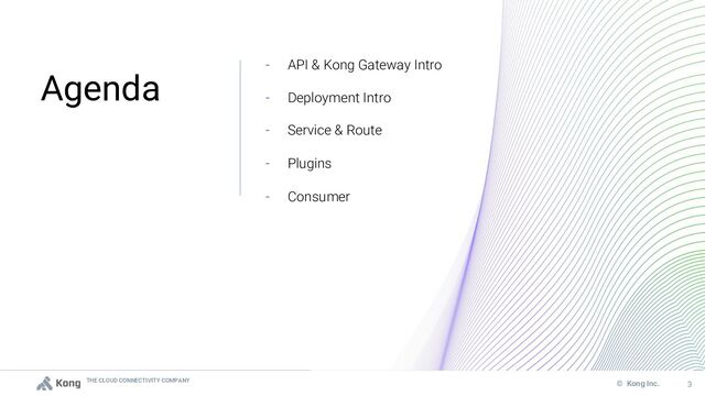 THE CLOUD CONNECTIVITY COMPANY
3
© Kong Inc.
- API & Kong Gateway Intro
- Deployment Intro
- Service & Route
- Plugins
- Consumer
Agenda
