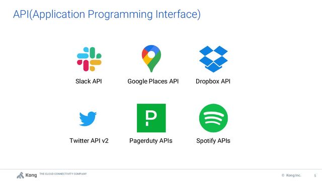THE CLOUD CONNECTIVITY COMPANY
5
© Kong Inc. 5
API(Application Programming Interface)
Slack API
Twitter API v2 Pagerduty APIs Spotify APIs
Google Places API Dropbox API
