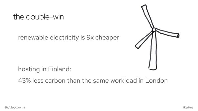 @holly_cummins #RedHat
the double-win
renewable electricity is 9x cheaper
hosting in Finland:
43% less carbon than the same workload in London
