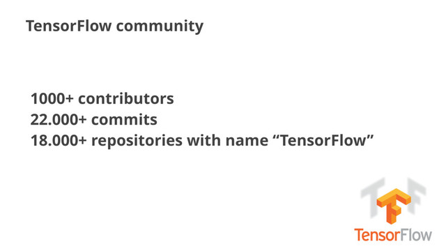 TensorFlow community
1000+ contributors
22.000+ commits
18.000+ repositories with name “TensorFlow”
