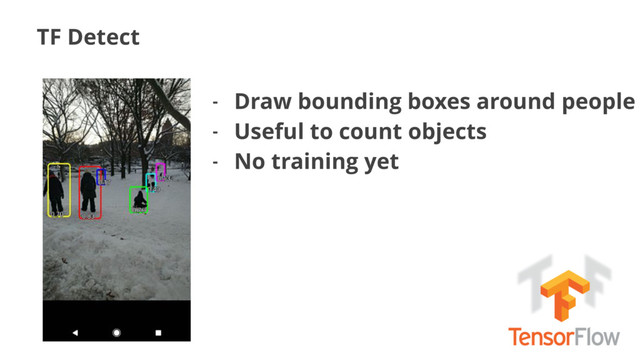 TF Detect
- Draw bounding boxes around people
- Useful to count objects
- No training yet

