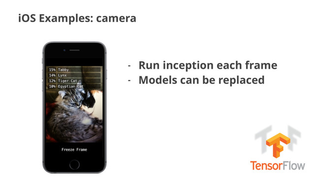 iOS Examples: camera
- Run inception each frame
- Models can be replaced
