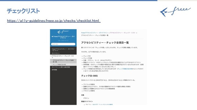 チェックリスト 
https://a11y-guidelines.freee.co.jp/checks/checklist.html  
