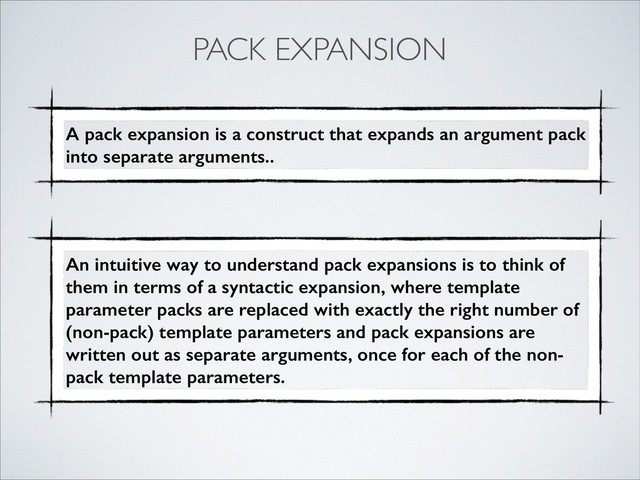 PACK EXPANSION
A pack expansion is a construct that expands an argument pack
into separate arguments..
An intuitive way to understand pack expansions is to think of
them in terms of a syntactic expansion, where template
parameter packs are replaced with exactly the right number of
(non-pack) template parameters and pack expansions are
written out as separate arguments, once for each of the non-
pack template parameters.
