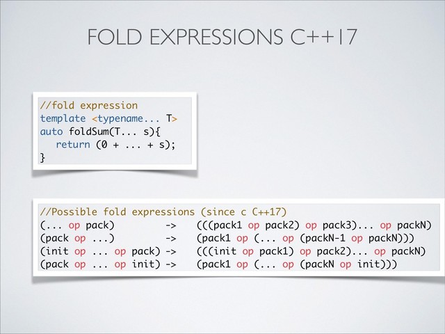 FOLD EXPRESSIONS C++17
//fold expression
template 
auto foldSum(T... s){
return (0 + ... + s);
}
//Possible fold expressions (since с С++17)
(... op pack) -> (((pack1 op pack2) op pack3)... op packN)
(pack op ...) -> (pack1 op (... op (packN-1 op packN)))
(init op ... op pack) -> (((init op pack1) op pack2)... op packN)
(pack op ... op init) -> (pack1 op (... op (packN op init)))
