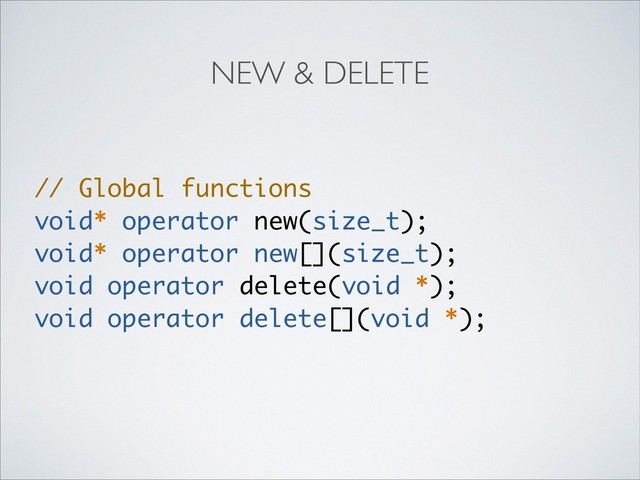 NEW & DELETE
// Global functions
void* operator new(size_t);
void* operator new[](size_t);
void operator delete(void *);
void operator delete[](void *);
