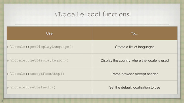 \Locale: cool functions!
15
Use To…
‣ \Locale::getDisplayLanguage() Create a list of languages
‣ \Locale::getDisplayRegion() Display the country where the locale is used
‣ \Locale::acceptFromHttp() Parse browser Accept header
‣ \Locale::setDefault() Set the default localization to use
