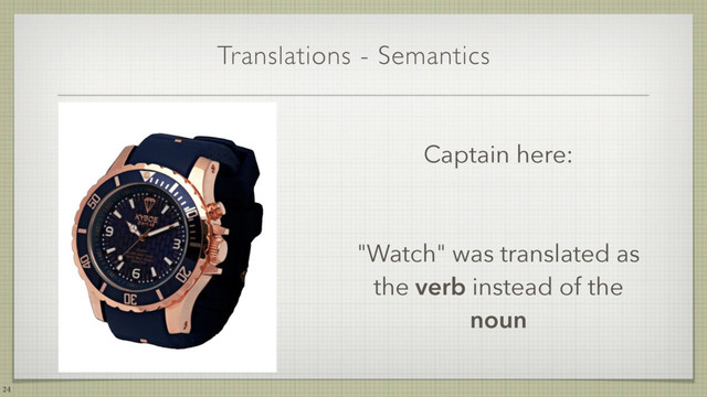 Translations - Semantics
24
Captain here:
"Watch" was translated as
the verb instead of the
noun
