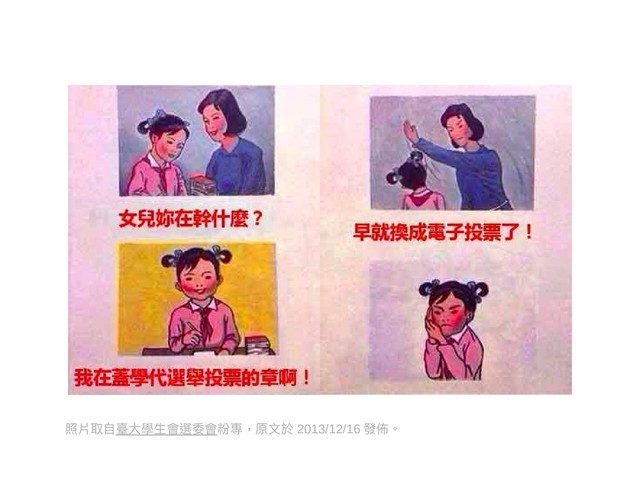 照片取自臺大學生會選委會粉專，原文於 2013/12/16 發佈。
