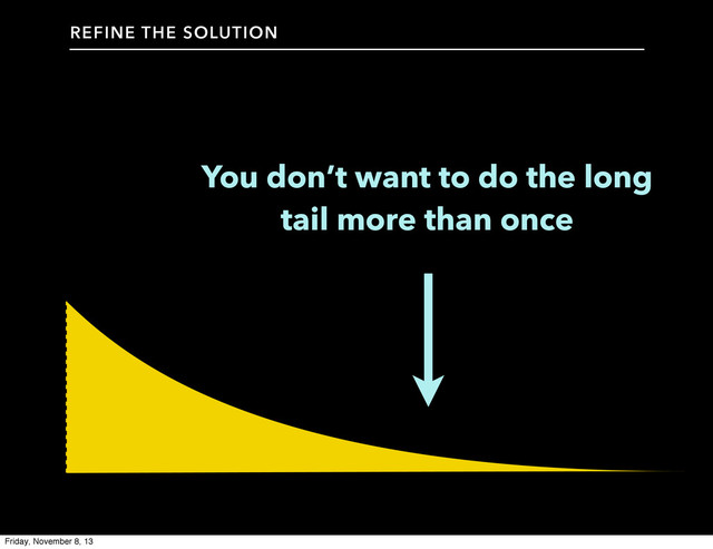 You don’t want to do the long
tail more than once
REFINE THE SOLUTION
Friday, November 8, 13

