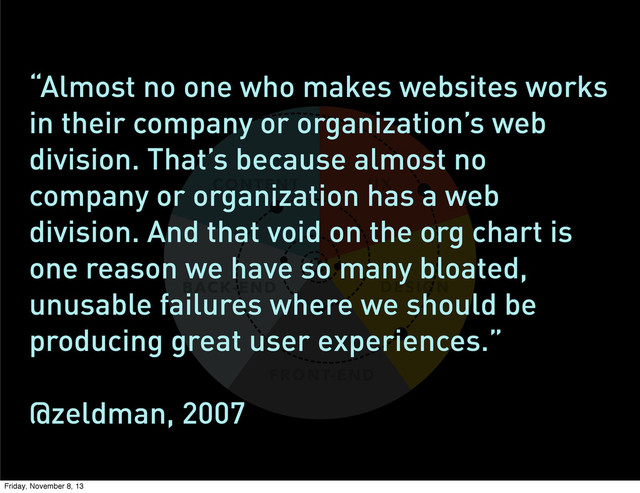 CONTENT UX
FRONT-END
DESIGN
BACK-END
“Almost no one who makes websites works
in their company or organization’s web
division. That’s because almost no
company or organization has a web
division. And that void on the org chart is
one reason we have so many bloated,
unusable failures where we should be
producing great user experiences.”
@zeldman, 2007
Friday, November 8, 13
