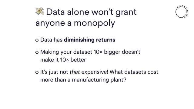  Data alone won’t grant  
anyone a monopoly
Data has diminishing returns
Making your dataset 10× bigger doesn’t  
make it 10× better
It’s just not that expensive! What datasets cost
more than a manufacturing plant?

