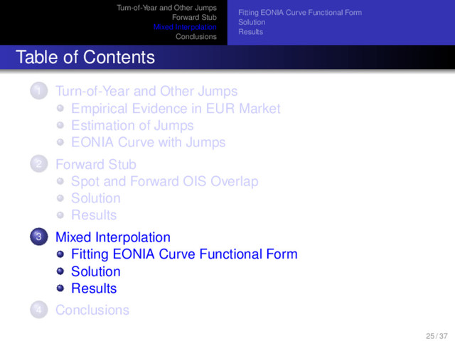 Turn-of-Year and Other Jumps
Forward Stub
Mixed Interpolation
Conclusions
Fitting EONIA Curve Functional Form
Solution
Results
Table of Contents
1 Turn-of-Year and Other Jumps
Empirical Evidence in EUR Market
Estimation of Jumps
EONIA Curve with Jumps
2 Forward Stub
Spot and Forward OIS Overlap
Solution
Results
3 Mixed Interpolation
Fitting EONIA Curve Functional Form
Solution
Results
4 Conclusions
25 / 37

