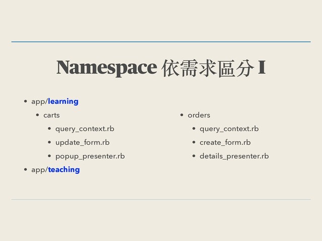 Namespace 依需求區分 I
• app/learning
• carts
• query_context.rb
• update_form.rb
• popup_presenter.rb
• app/teaching
• orders
• query_context.rb
• create_form.rb
• details_presenter.rb
