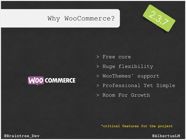 Why WooCommerce?
@AlbertusLM
@Braintree_Dev
> Free core
> Huge flexibility
> WooThemes’ support
> Professional Yet Simple
> Room For Growth
*critical features for the project
2.3.7
