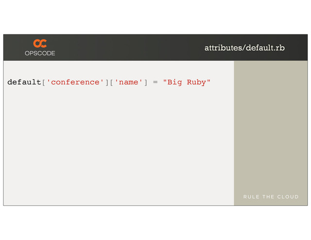 attributes/default.rb
default['conference']['name'] = "Big Ruby"
