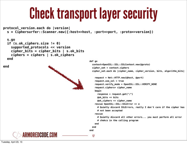 Check transport layer security
17
def go
context=OpenSSL::SSL::SSLContext.new(@proto)
cipher_set = context.ciphers
cipher_set.each do |cipher_name, cipher_version, bits, algorithm_bits|
request = Net::HTTP.new(@host, @port)
request.use_ssl = true
request.verify_mode = OpenSSL::SSL::VERIFY_NONE
request.ciphers= cipher_name
begin
response = request.get("/")
@ok_bits << bits
@ok_ciphers << cipher_name
rescue OpenSSL::SSL::SSLError => e
# Quietly discard SSLErrors, really I don't care if the cipher has
# not been accepted
rescue
# Quietly discard all other errors... you must perform all error
# chekcs in the calling program
end
end
end
protocol_version.each do |version|
s = Ciphersurfer::Scanner.new({:host=>host, :port=>port, :proto=>version})
s.go
if (s.ok_ciphers.size != 0)
supported_protocols << version
cipher_bits = cipher_bits | s.ok_bits
ciphers = ciphers | s.ok_ciphers
end
end
Tuesday, April 23, 13
