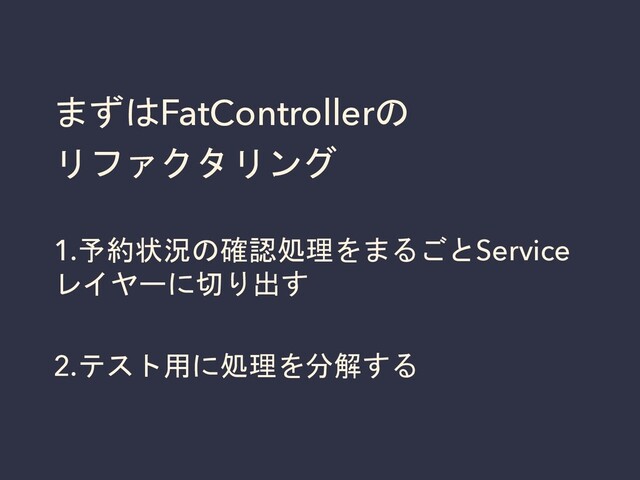 まずはFatControllerの
リファクタリング
1.予約状況の確認処理をまるごとService
レイヤーに切り出す
2.テスト用に処理を分解する
