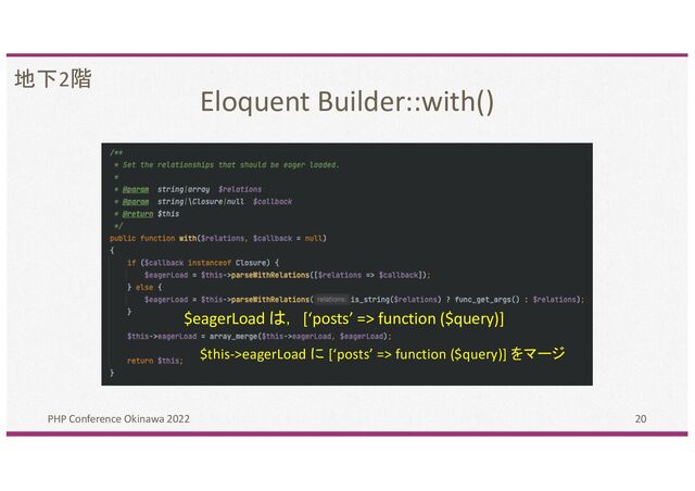 Eloquent Builder::with()
PHP Conference Okinawa 2022 20
$eagerLoad は，[‘posts’ => function ($query)]
地下2階
$this->eagerLoad に [‘posts’ => function ($query)] をマージ
