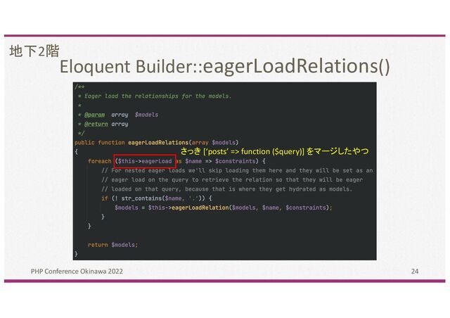 Eloquent Builder::eagerLoadRelations()
PHP Conference Okinawa 2022 24
地下2階
さっき [‘posts’ => function ($query)] をマージしたやつ
