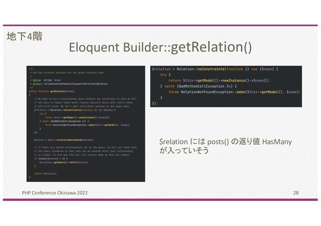 Eloquent Builder::getRelation()
PHP Conference Okinawa 2022 28
地下4階
$relation には posts() の返り値 HasMany
が入っていそう
