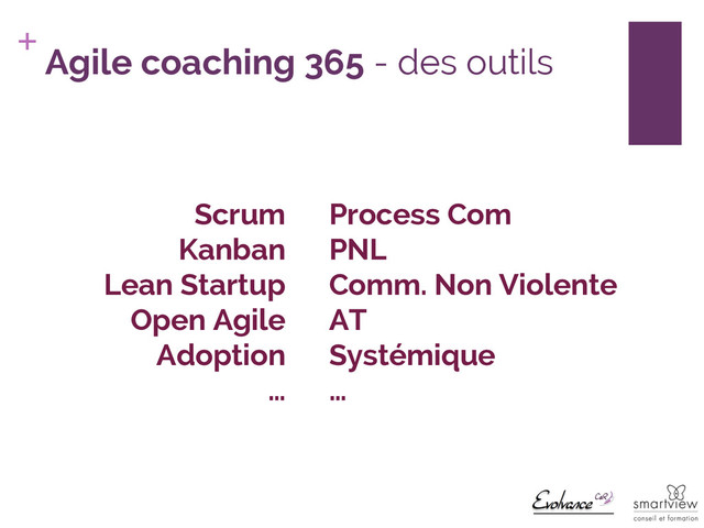 +
Agile coaching 365 - des outils
Scrum
Kanban
Lean Startup
Open Agile
Adoption
…
Process Com
PNL
Comm. Non Violente
AT
Systémique
…
