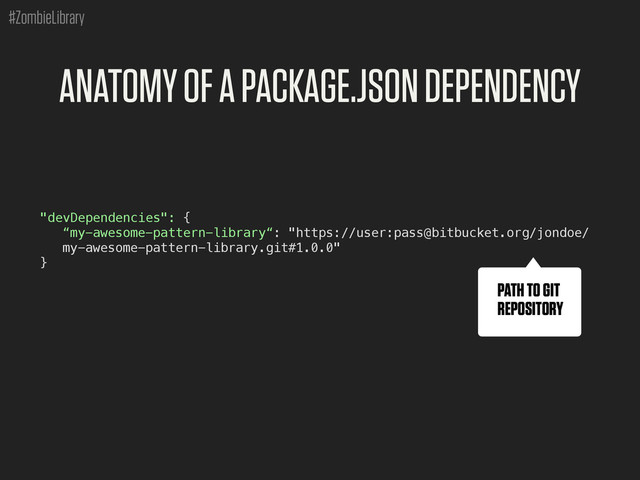 #ZombieLibrary
ANATOMY OF A PACKAGE.JSON DEPENDENCY
"devDependencies": {
“my-awesome-pattern-library“: "https://user:pass@bitbucket.org/jondoe/
my-awesome-pattern-library.git#1.0.0"
}
PATH TO GIT
REPOSITORY
