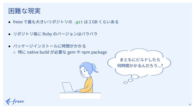 　
14
● freee で最も⼤きいリポジトリの .git は 2 GB くらいある
● リポジトリ毎に Ruby のバージョンはバラバラ
● パッケージインストールに時間がかかる
○ 特に native build が必要な gem や npm package
困難な現実
まともにビルドしたら
何時間かかるんだろう...?
