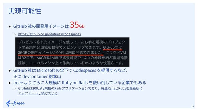 　
15
● GitHub 社の開発⽤イメージは
35GB
○ https://github.co.jp/features/codespaces
● GitHub 社は Microsoft の傘下で Codespaces を提供するなど、
正に devcontainer 総本⼭
● freee よりさらに⼤規模に Ruby on Rails を使い倒している企業でもある
○ GitHubは200万⾏規模のRailsアプリケーションであり、毎週RailsとRubyを最新版に
アップデートし続けている
実現可能性
