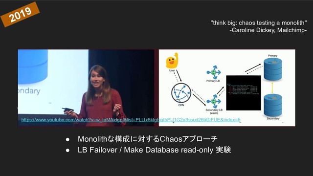 "think big: chaos testing a monolith"
-Caroline Dickey, Mailchimp-
● Monolithな構成に対するChaosアプローチ
● LB Failover / Make Database read-only 実験
2019
https://www.youtube.com/watch?v=w_IeMAidgpI&list=PLLIx5ktghjqIbPU1G2a3ssud26tiGlFUE&index=6
