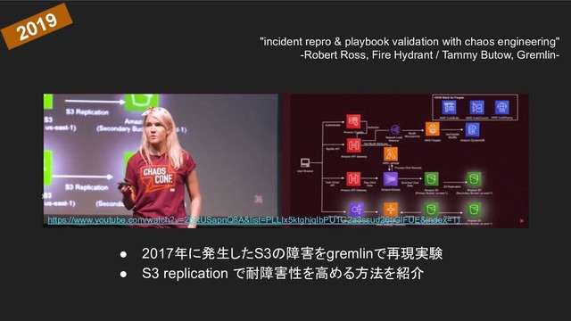 "incident repro & playbook validation with chaos engineering"
-Robert Ross, Fire Hydrant / Tammy Butow, Gremlin-
● 2017年に発生したS3の障害をgremlinで再現実験
● S3 replication で耐障害性を高める方法を紹介
2019
https://www.youtube.com/watch?v=2bRUSapnQ8A&list=PLLIx5ktghjqIbPU1G2a3ssud26tiGlFUE&index=11
