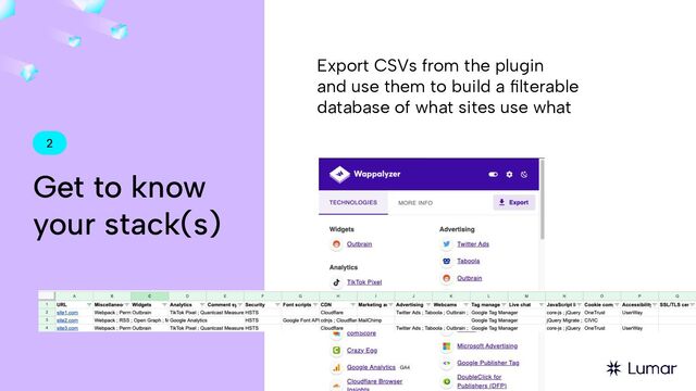 2
Get to know
your stack(s)
Export CSVs from the plugin
and use them to build a ﬁlterable
database of what sites use what

