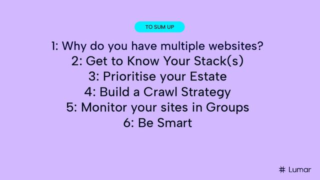 TO SUM UP
1: Why do you have multiple websites?
2: Get to Know Your Stack(s)
3: Prioritise your Estate
4: Build a Crawl Strategy
5: Monitor your sites in Groups
6: Be Smart
