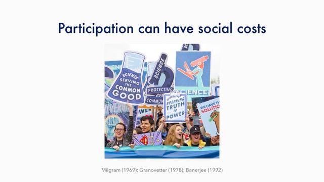 Participation can have social costs
Milgram (1969); Granovetter (1978); Banerjee (1992)
