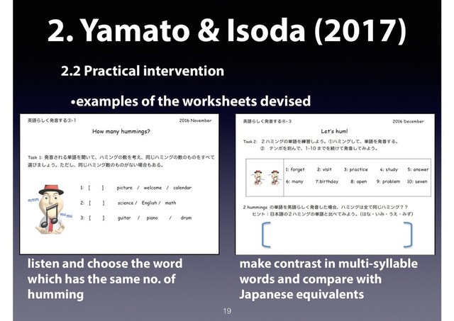 2. Yamato & Isoda (2017)
2.2 Practical intervention
•examples of the worksheets devised
19
make contrast in multi-syllable
words and compare with
Japanese equivalents
listen and choose the word
which has the same no. of
humming
