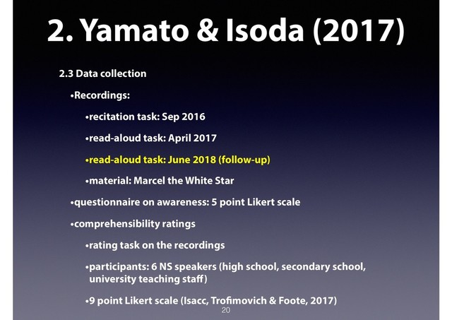 2. Yamato & Isoda (2017)
2.3 Data collection
•Recordings:
•recitation task: Sep 2016
•read-aloud task: April 2017
•read-aloud task: June 2018 (follow-up)
•material: Marcel the White Star
•questionnaire on awareness: 5 point Likert scale
•comprehensibility ratings
•rating task on the recordings
•participants: 6 NS speakers (high school, secondary school,
university teaching staﬀ)
•9 point Likert scale (Isacc, Trofimovich & Foote, 2017)
20

