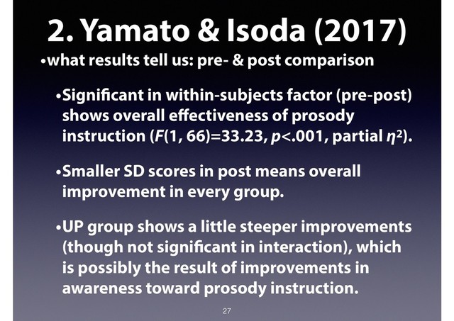 2. Yamato & Isoda (2017)
•what results tell us: pre- & post comparison
•Significant in within-subjects factor (pre-post)
shows overall eﬀectiveness of prosody
instruction (F(1, 66)=33.23, p<.001, partial η2).
•Smaller SD scores in post means overall
improvement in every group.
•UP group shows a little steeper improvements
(though not significant in interaction), which
is possibly the result of improvements in
awareness toward prosody instruction.
27
