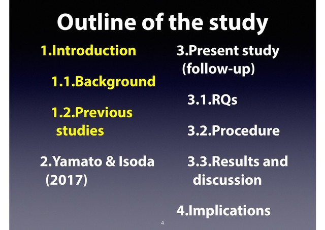 Outline of the study
4
1.Introduction
1.1.Background
1.2.Previous
studies
2.Yamato & Isoda
(2017)
3.Present study
(follow-up)
3.1.RQs
3.2.Procedure
3.3.Results and
discussion
4.Implications
