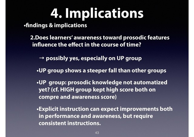 4. Implications
•findings & implications
2.Does learners’ awareness toward prosodic features
influence the eﬀect in the course of time?
→ possibly yes, especially on UP group
•UP group shows a steeper fall than other groups
•UP group: prosodic knowledge not automatized
yet? (cf. HIGH group kept high score both on
compre and awareness score)
•Explicit instruction can expect improvements both
in performance and awareness, but require
consistent instructions.
43
