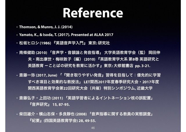 46
Reference
• Thomson, & Munro, J. J. (2014)
• Yamato, K., & Isoda, T. (2017). Presented at ALAA 2017
• দࡔώϩγ (1986) ʰӳޠԻ੠ֶೖ໳ʱ ౦ژ: ݚڀࣾ
• ೆᑍ݈ॿ (2010) ʮԻ੠ֶɾԻӆ࿦ͱൃԻࢦಋʯ େֶӳޠڭҭֶձʢ؂ʣ Ԭా৳
෉ɾೆग़߁ੈɾക࡙ರࢠʢฤʣ (2010) ʰӳޠڭҭֶେܥ ୈ8ר ӳޠݚڀͱ
ӳޠڭҭ ʵ͜ͱ͹ͷݚڀΛڭҭʹ׆͔͢ʱ౦ژ: େमؗॻళ pp. 3-21.
• ࡈ౻Ұ໻ (2017, June) ʮʰฉ͖औΓ΍͍͢ൃԻʱशಘΛ໨ࢦͯ͠ɿ༏ઌతʹֶश
͢΂͖߲໨ͱޮՌతͳڭत๏ʯ LETؔ੢2017೥౓य़قݚڀେձɾ2017೥౓
ؔ੢ӳޠڭҭֶձୈ22ճݚڀେձʢڞ࠵ʣಛผγϯϙδ΢Ϝ, ۙـେֶ
• ࡈ౻߂ࢠɾ্ాޭ (2011) ʮӳޠֶशऀʹΑΔΠϯτωʔγϣϯ֩ͷޡ഑ஔʯ
ʰԻ੠ݚڀʱ 15, 87-95.
• ࣲా༤հɾԣࢁࢤอɾଟྑᯩ໵ (2008) ʮԻ੠ࢦಋʹؔ͢Δڭһͷ࣮ଶௐࠪʯ
ʰلཁʱ(࢛ࠃӳޠڭҭֶձ) 28, 49-55.
