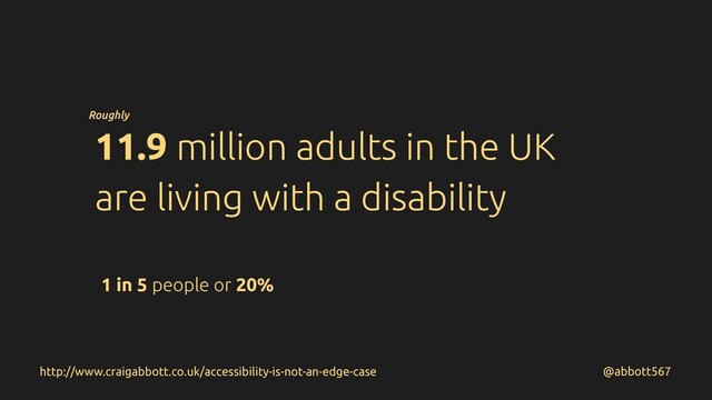 11.9 million adults in the UK
are living with a disability
@abbott567
http://www.craigabbott.co.uk/accessibility-is-not-an-edge-case
Roughly
1 in 5 people or 20%

