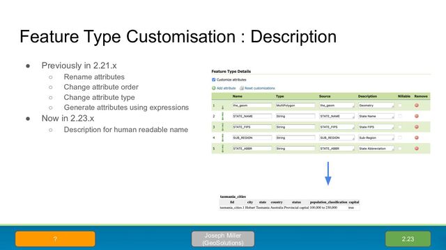 Feature Type Customisation : Description
● Previously in 2.21.x
○ Rename attributes
○ Change attribute order
○ Change attribute type
○ Generate attributes using expressions
● Now in 2.23.x
○ Description for human readable name
2.23
Joseph Miller
(GeoSolutions)
?
