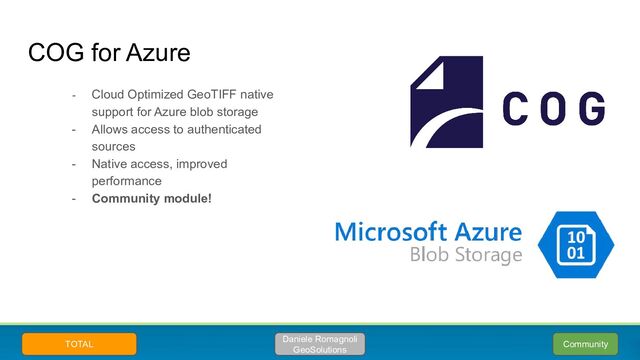 COG for Azure
- Cloud Optimized GeoTIFF native
support for Azure blob storage
- Allows access to authenticated
sources
- Native access, improved
performance
- Community module!
Community
Daniele Romagnoli
GeoSolutions
TOTAL
