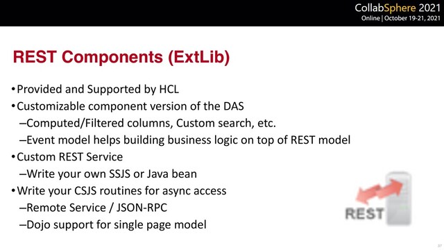 REST Components (ExtLib)
•Provided and Supported by HCL


•Customizable component version of the DAS


–Computed/Filtered columns, Custom search, etc.


–Event model helps building business logic on top of REST model


•Custom REST Service


–Write your own SSJS or Java bean


•Write your CSJS routines for async access


–Remote Service / JSON-RPC


–Dojo support for single page model
37
