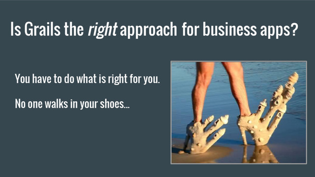 You have to do what is right for you.
No one walks in your shoes...
Is Grails the right approach for business apps?
